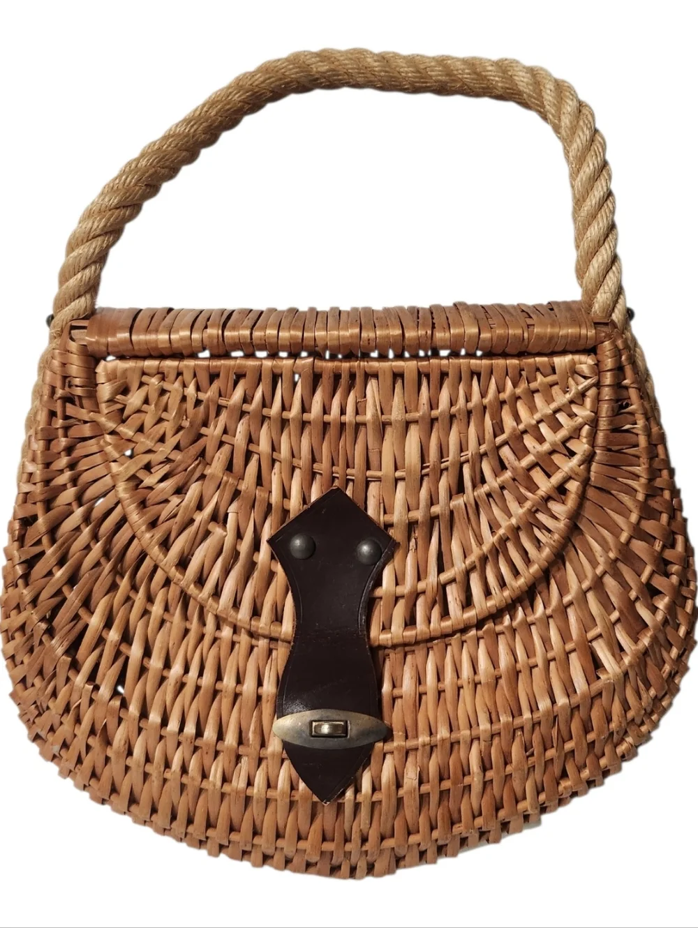Farmhouse Fishing Creel Wicker Basket Handbag Leather Accents